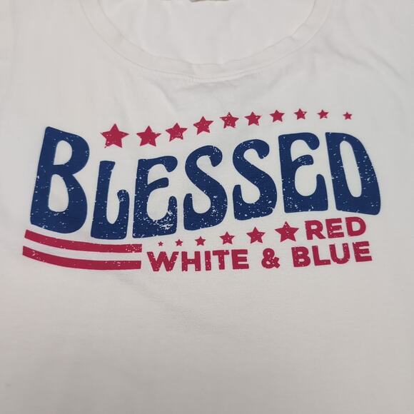 Love Peace & Lazy Days Fringe Crop Top Jr Size XL Cream Blessed Red White Blue - Picture 4 of 13
